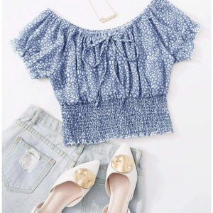 ROMWE - Over Print Tie Front Shirred Crop Top